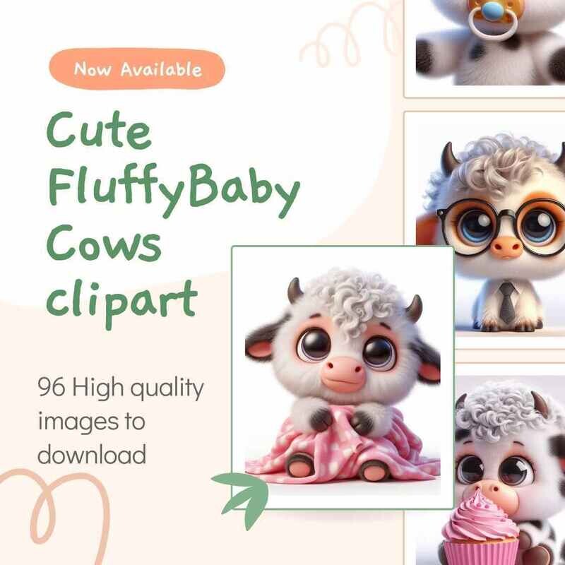Set of 96 Cute Fluffy Baby Cow Clipart Images | Instant Download