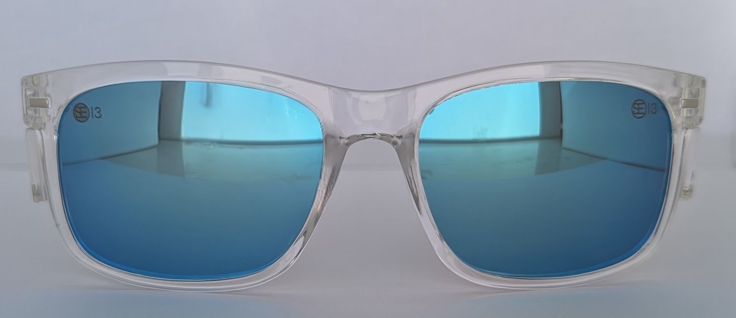Safety Glasses -  The Model "T" Clear Frame with Blue Revo Polarised Lens