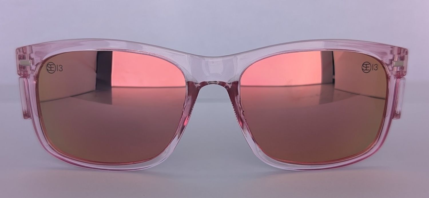 Safety Glasses - The Model "T" Clear Pink Frame with Pink Revo Polarised  Lens