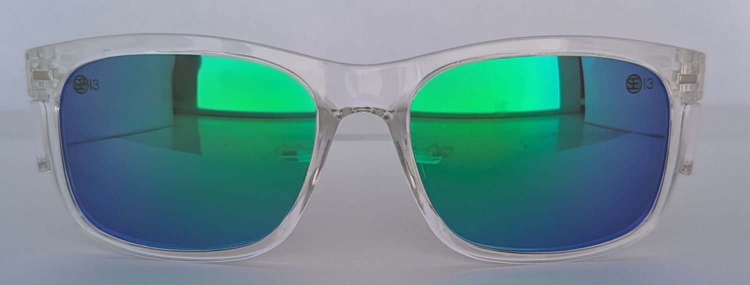 Safety Glasses - The Model "T" Clear Frame with Green Revo Polarised Lens