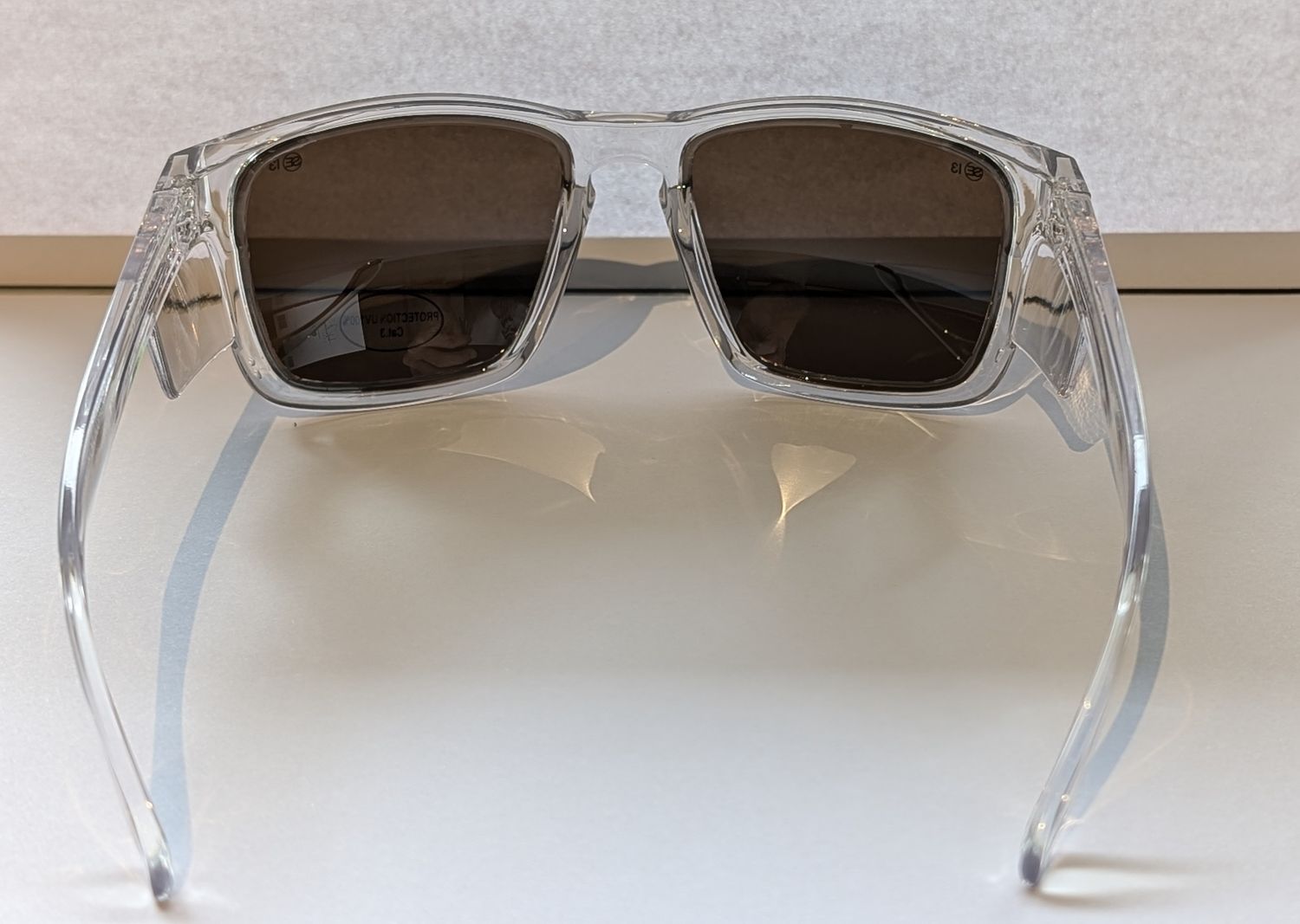 Safety Glasses - The Model "S". Clear Frame with Brown Non-Polarised Tint