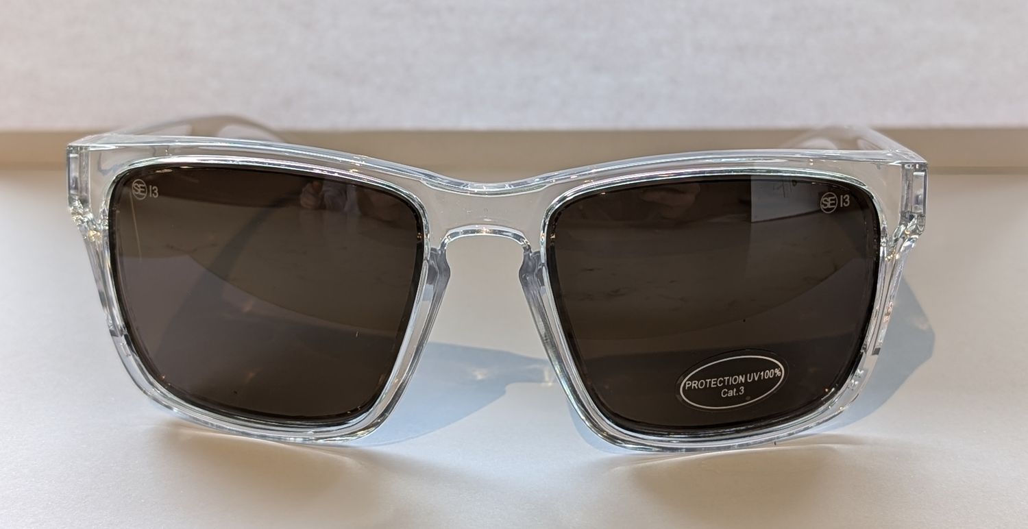 Safety Glasses - The Model "S". Clear Frame with Brown Non-Polarised Tint