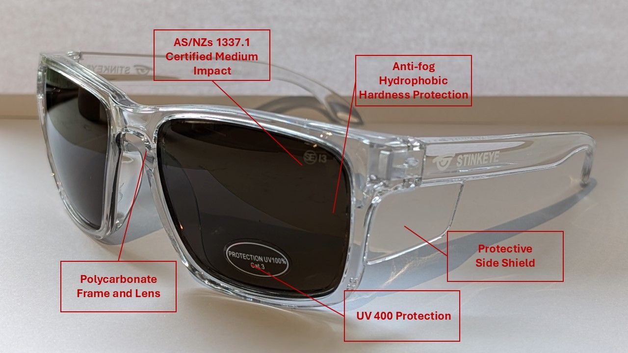 Safety Glasses - The Model "S". Clear Frame with Brown Non-Polarised Tint
