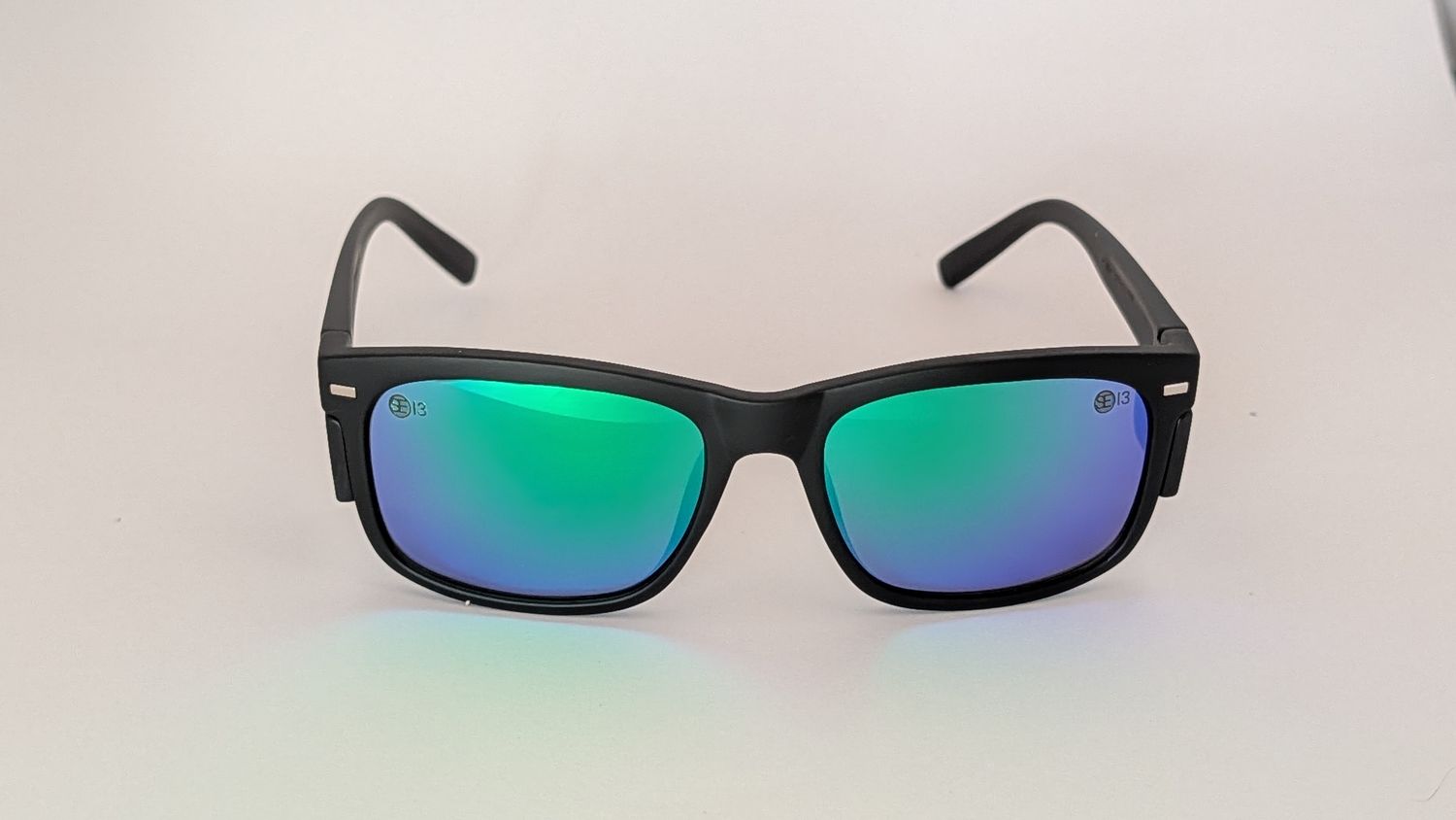 Safety Glasses - The Model "T" Matte Black Frame with Green Revo Polarised Lens