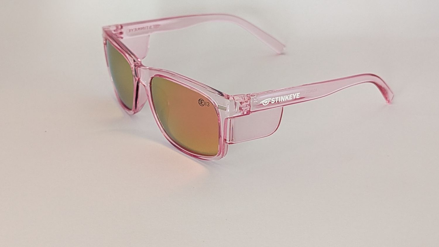 Safety Glasses - The Model "T" Clear Pink Frame with Pink Revo Polarised  Lens