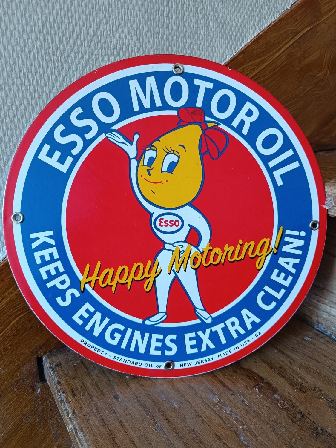 PLAQUE ESSO MOTOR OIL MADE IN USA 🇺🇸 MÉTAL ÉMAILLÉ.