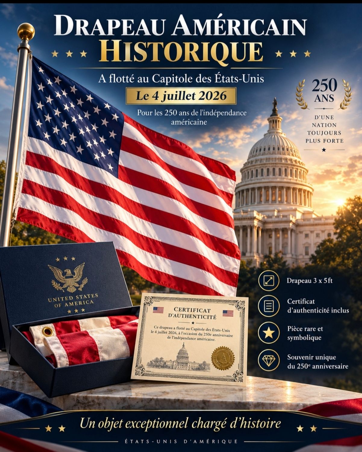 DRAPEAU AMÉRICAIN 250 ANS