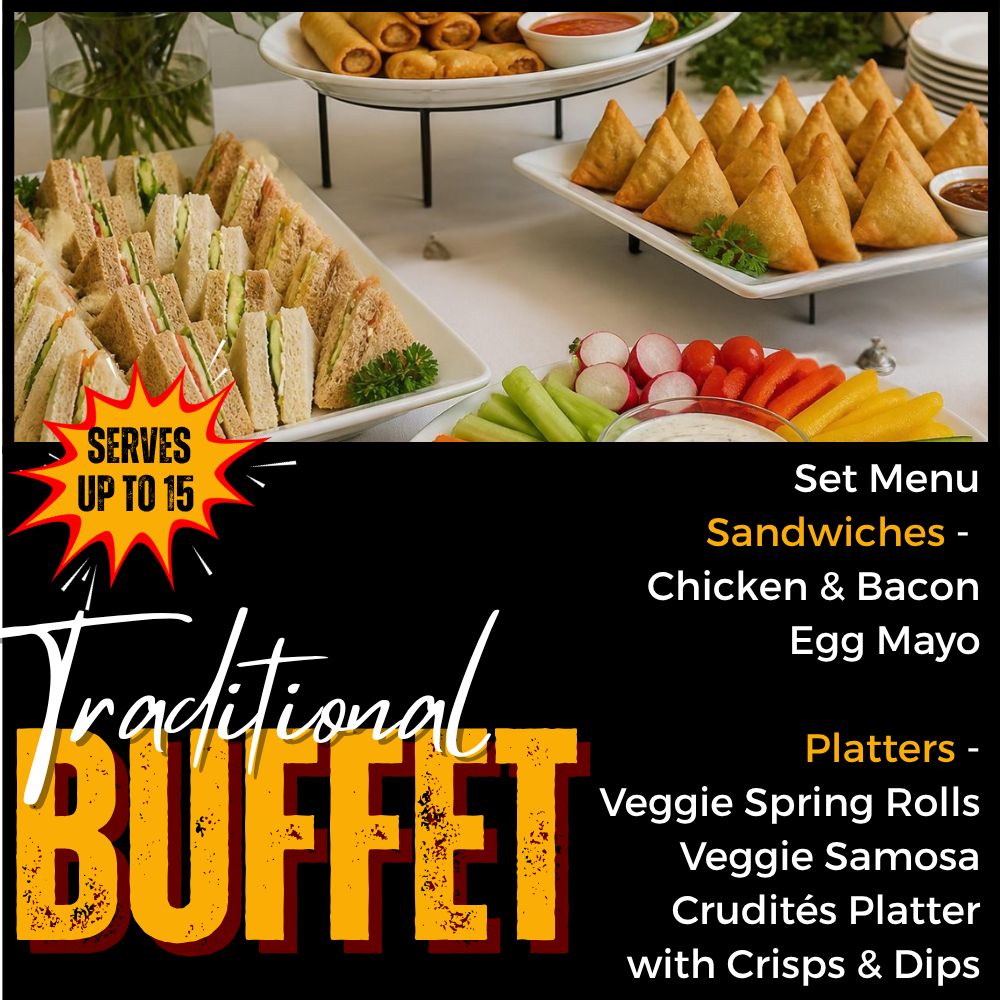 Image includes buffet heroes menu of sandwiches, spring rolls, samosas and crudites