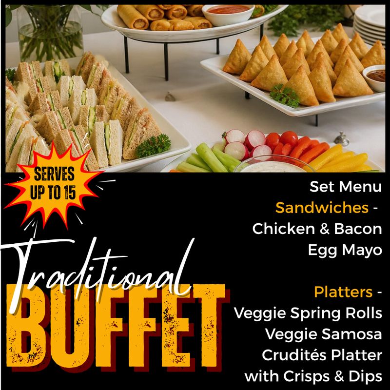 Image includes buffet heroes menu of sandwiches, spring rolls, samosas and crudites
