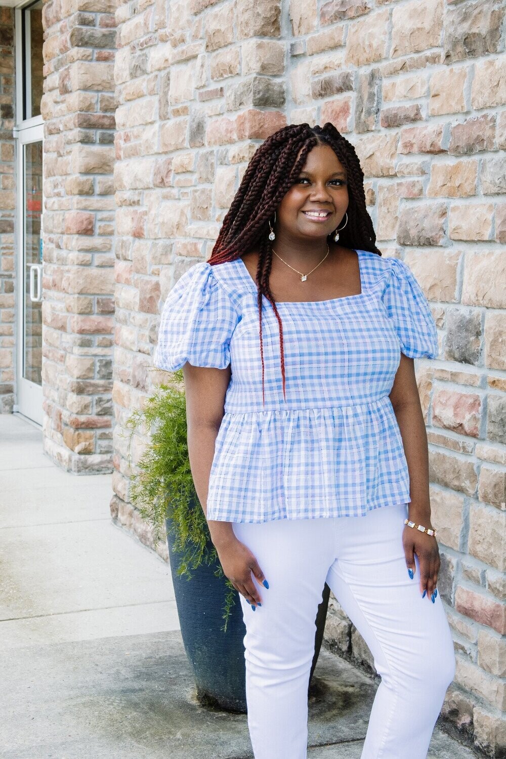 CURVY Switch It Up Puff Sleeve Gingham Top , Color: BLUE, Size: 1XL