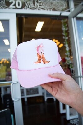 Coquette Bow Cowboy Boot Trucker Hat PINK