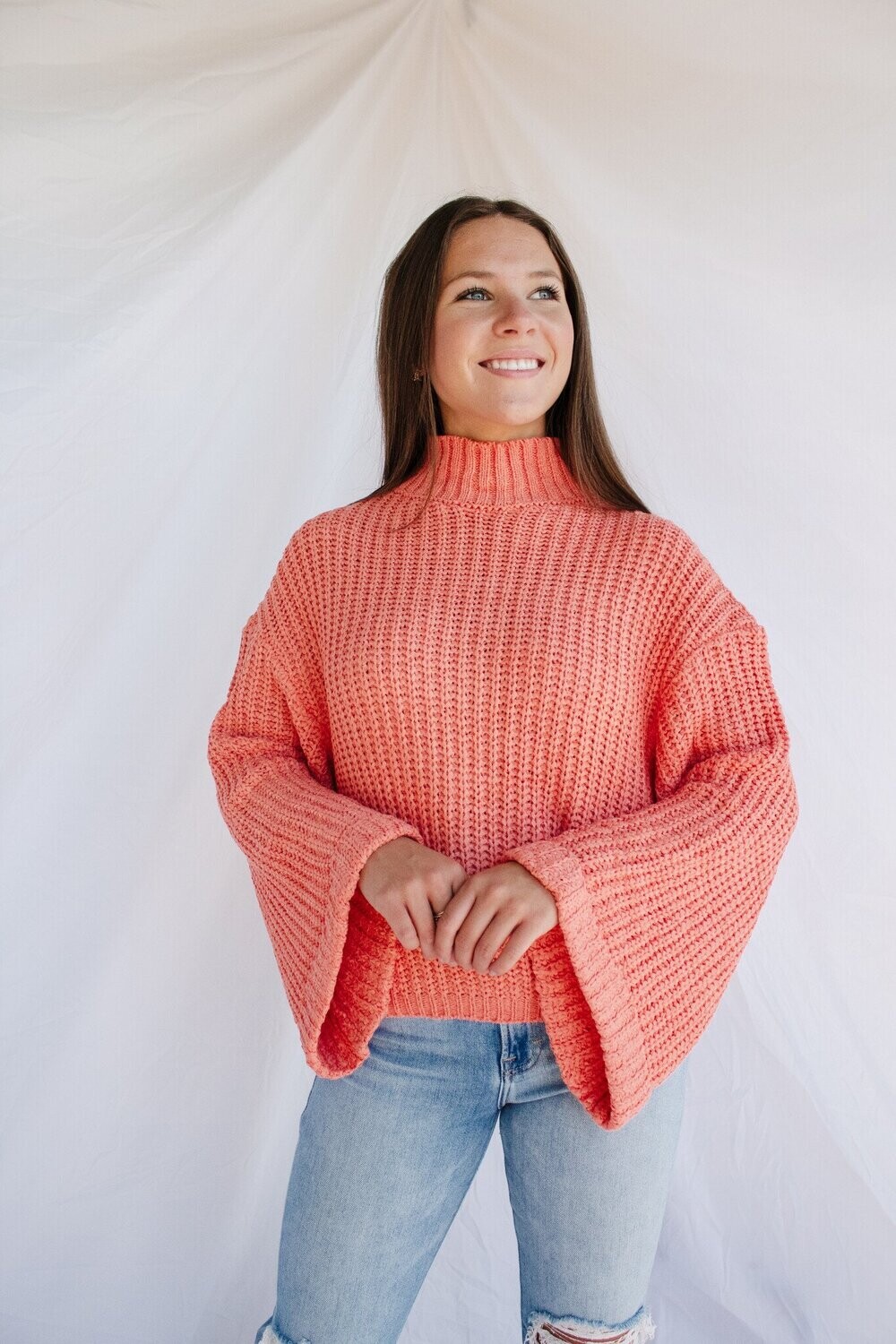 Pumpkin Season Wide Sleeve Mock Neck Knit Sweater , Color: CORAL, Size: SMALL