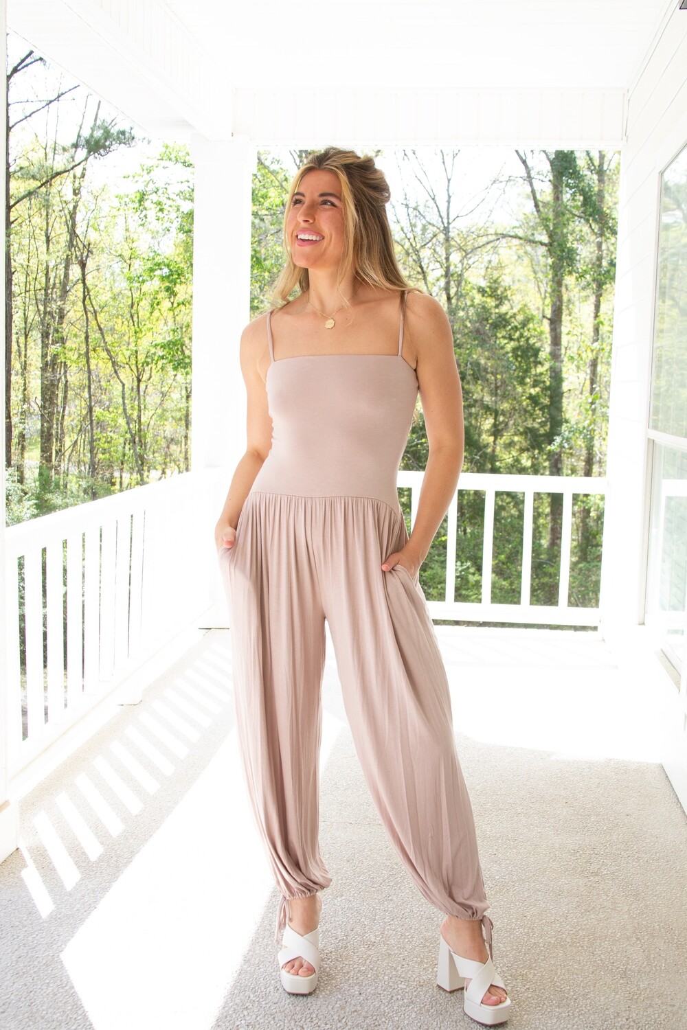 Sheila Square Neck Strappy Jumpsuit, Color: LT TAUPE, Size: SMALL