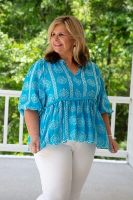 CURVY Very Competitive Scalloped Lace BabyDoll 3/4 Sleeve Top
