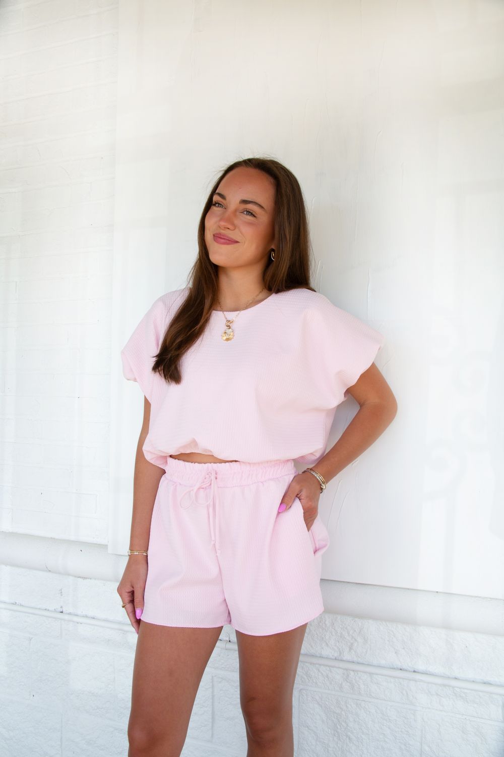 A Little Extra Bubble Hem Crop Top, Color: BABY PINK, Size: SMALL