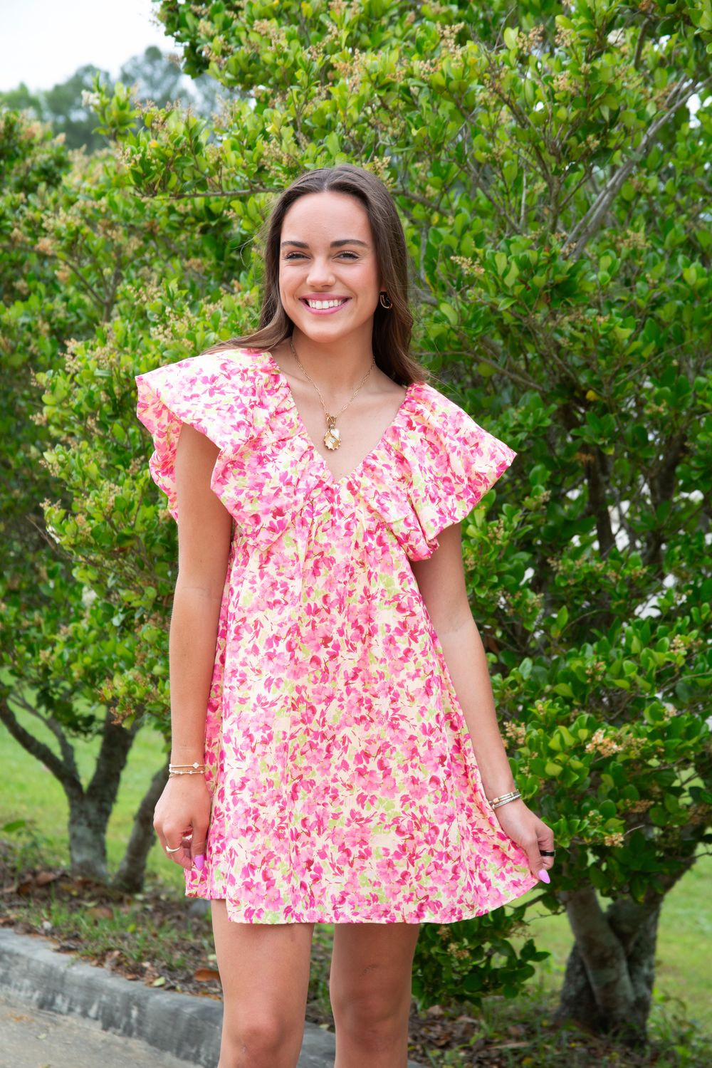 A Bold Love Floral Ruffle V Dress, Color: PINK/BUTTER, Size: SMALL