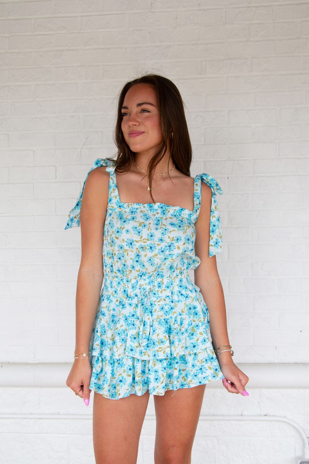 It&#39;s All Good Floral Romper w/ Tie Strap, Color: BLUE FLORAL, Size: SMALL