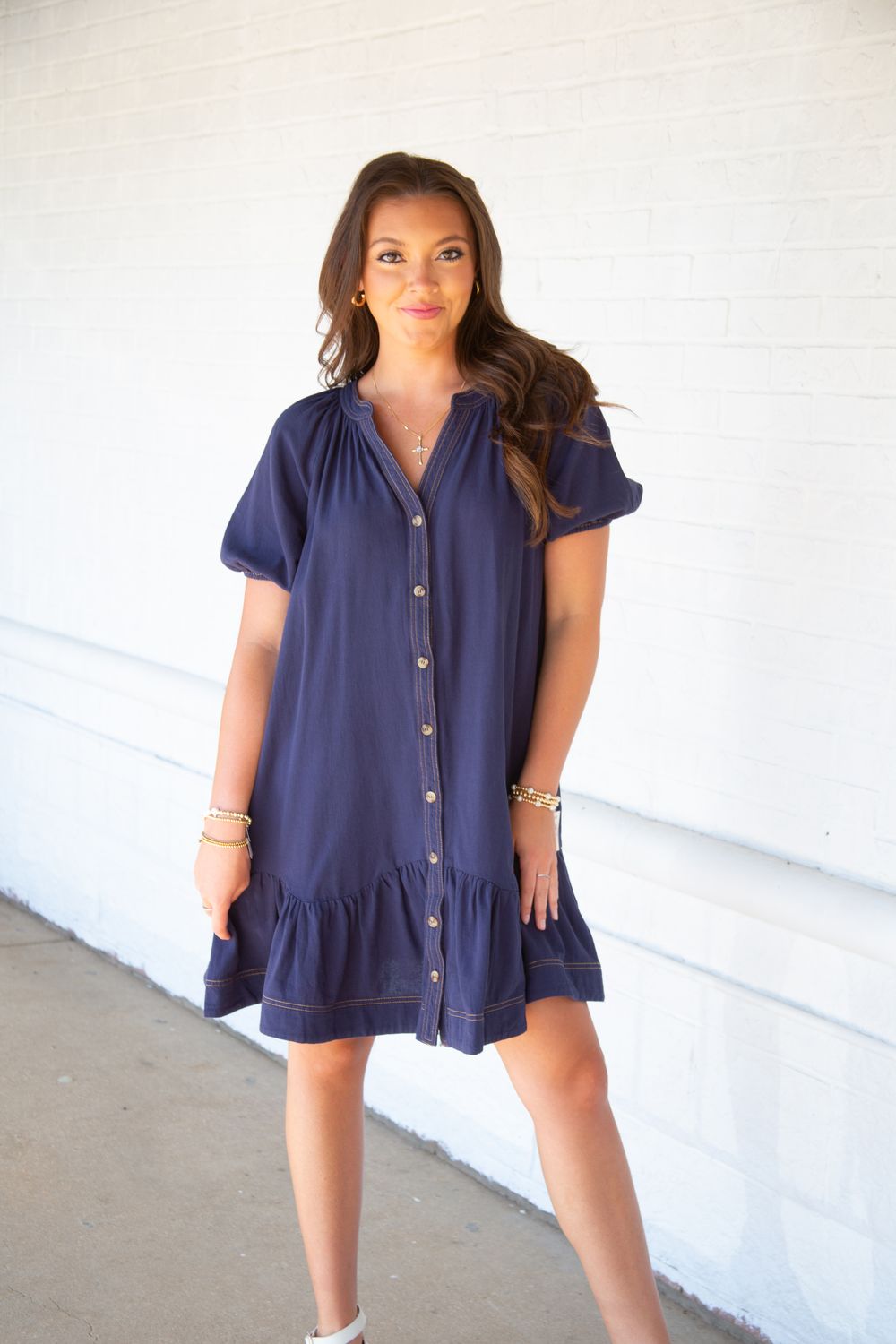 Stepping Forward Button Down Balloon Sleeve Dress