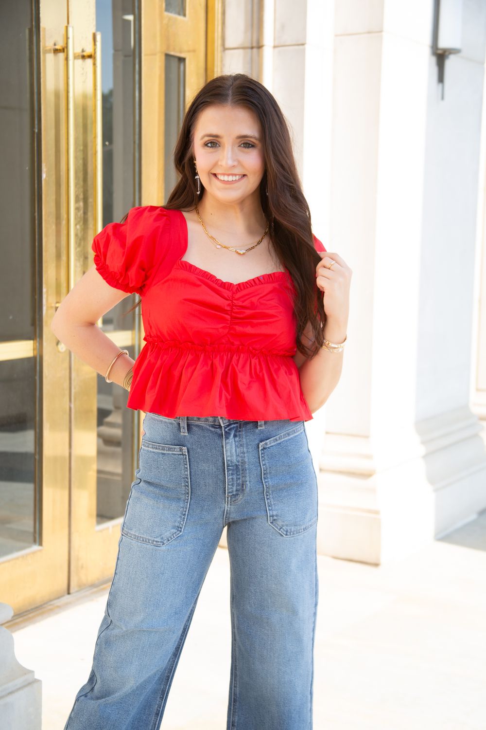 Set the Scene Square Neck Puff Sleeve Ruffle Crop Top