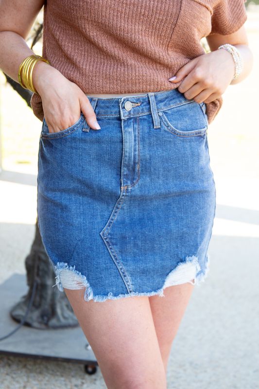 One Day at a Time Denim Skirt w/ Hem Destruction