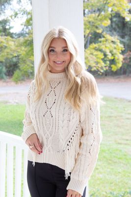 Fall Feelings Mock Neck Cable Knit Fringe Sweater