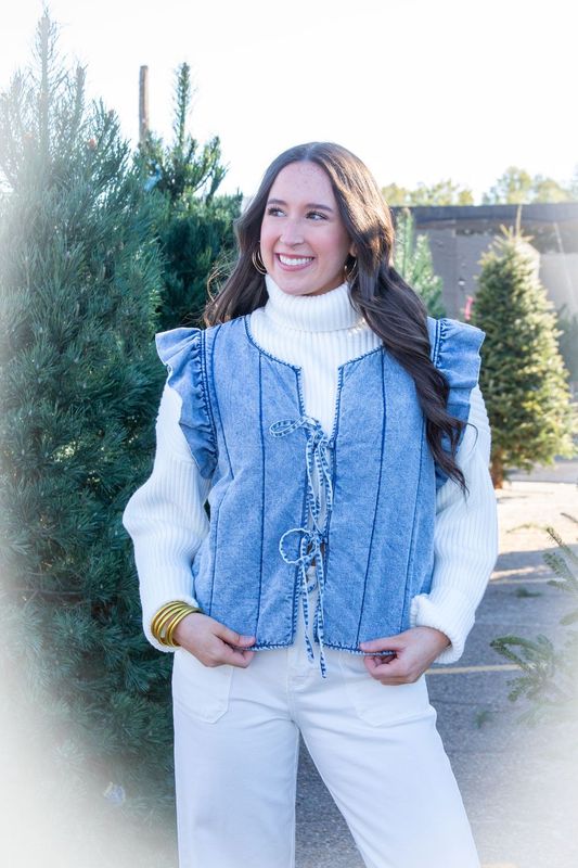 Runaway Girl Tie Front Quilted Washed Denim Vest