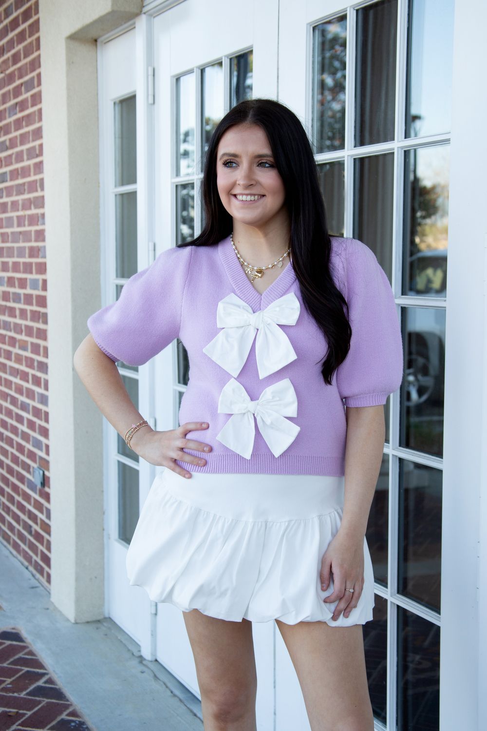 Okay with It Short Puff Sleeve Bow Front Sweater