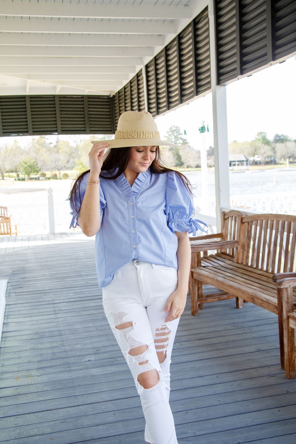 Country Club Chic Puff Sleeve Ruffle Finish V Neck Top