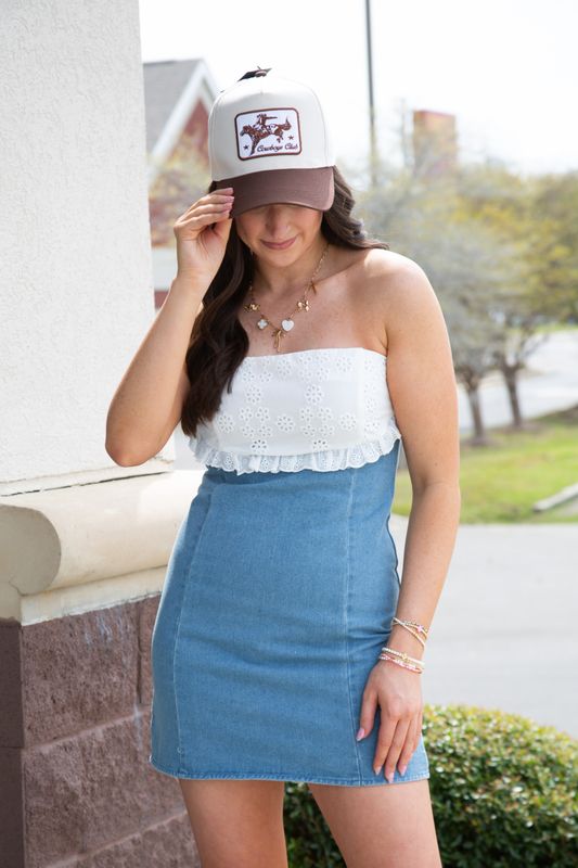Cut You Loose Strapless Contrast Lace Denim Mini Dress
