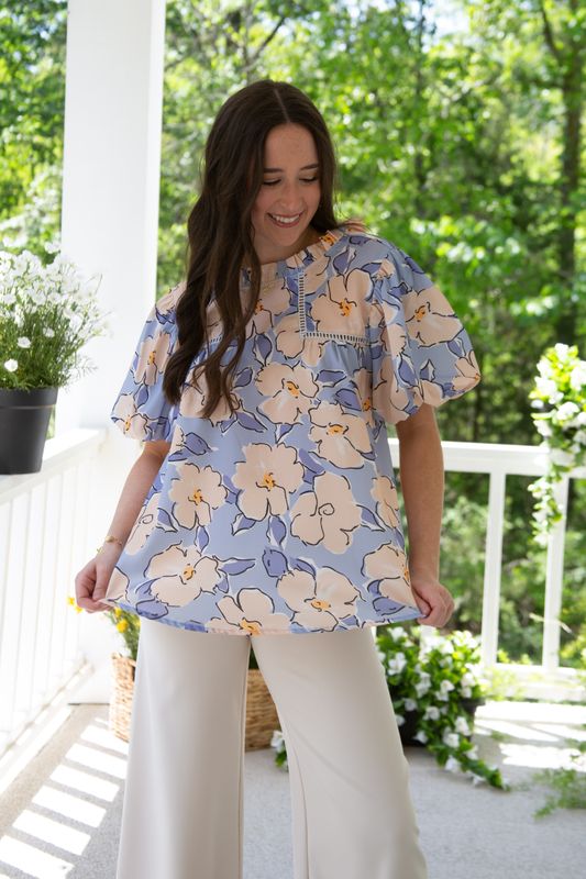 Bring the Bubbly Flower Print Puffed Sleeves Top