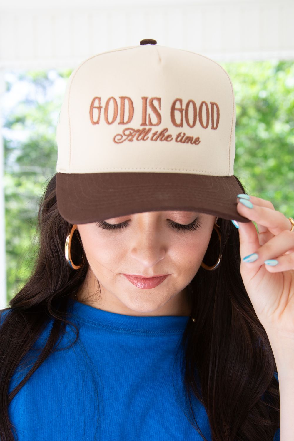 God Is Good All the Time Embroidery Trucker Hat BROWN