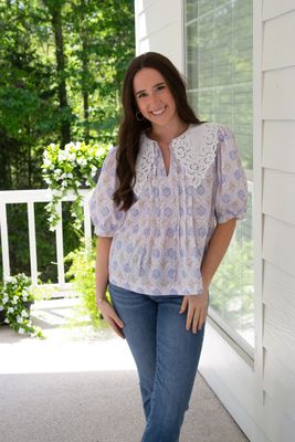 Cheerful Charm Puff Sleeve Sailor Collar Top