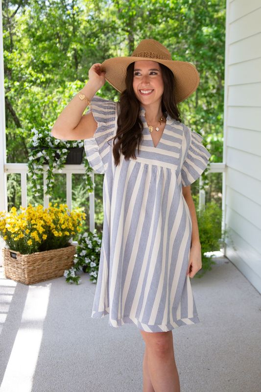 Sandstone Breeze Striped Ruffle Sleeve Dress
