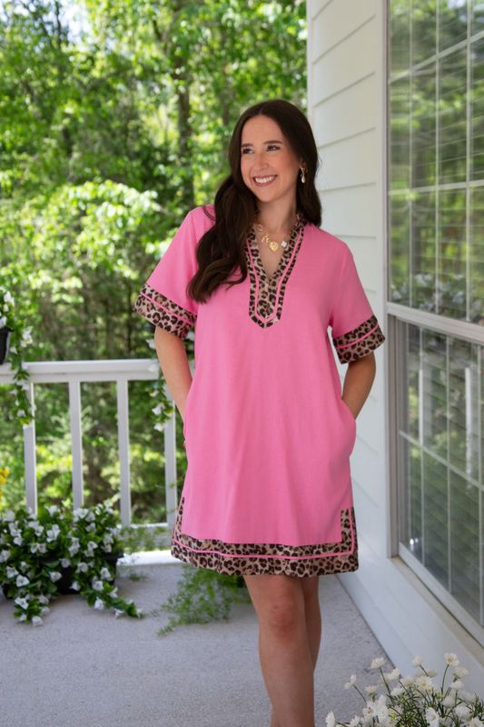 Pinky Promises Leopard Accent Split Neck Dress