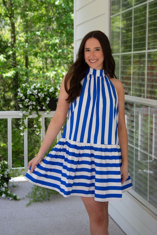 Carrying Carolina Ruffle Halter Bow Back Striped Dress