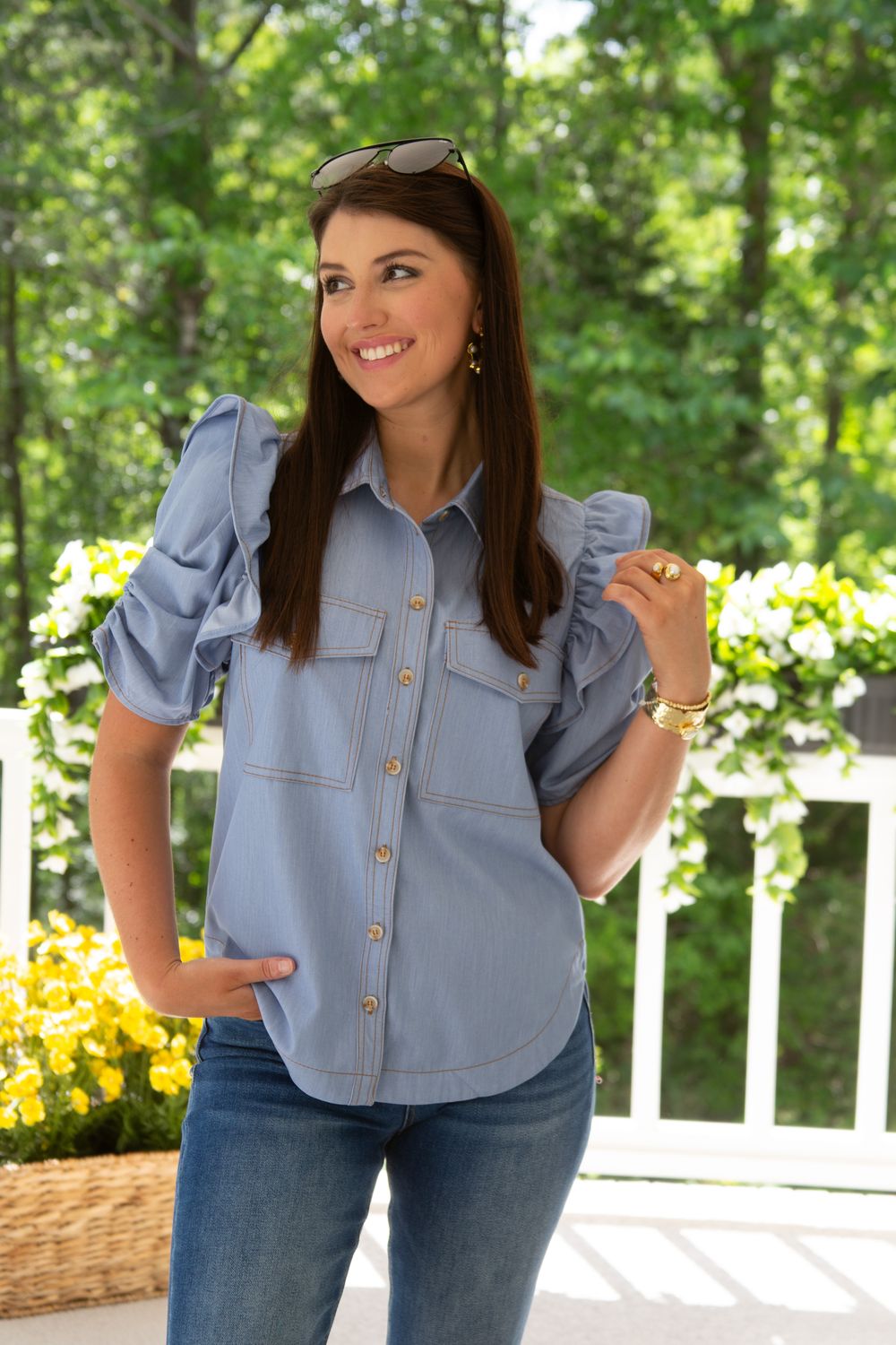 Keep on Shining Ruffle Sleeve Button Down Shirt