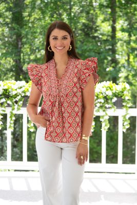 Timeless Chemistry Ruffle Sleeve Smocked Printed Top