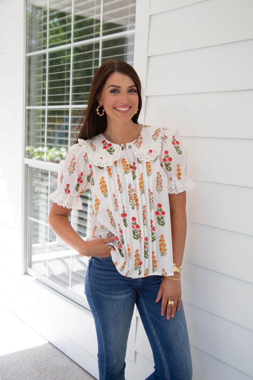 Sit with It Floral Puff Sleve Eyelet Trim top