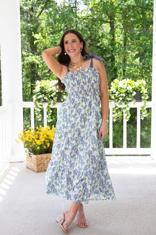 Pure Bliss Smocked Bow Tie Strap Maxi Dress