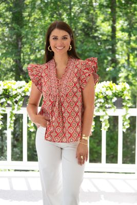 Timeless Chemistry Ruffle Sleeve Smocked Printed Top