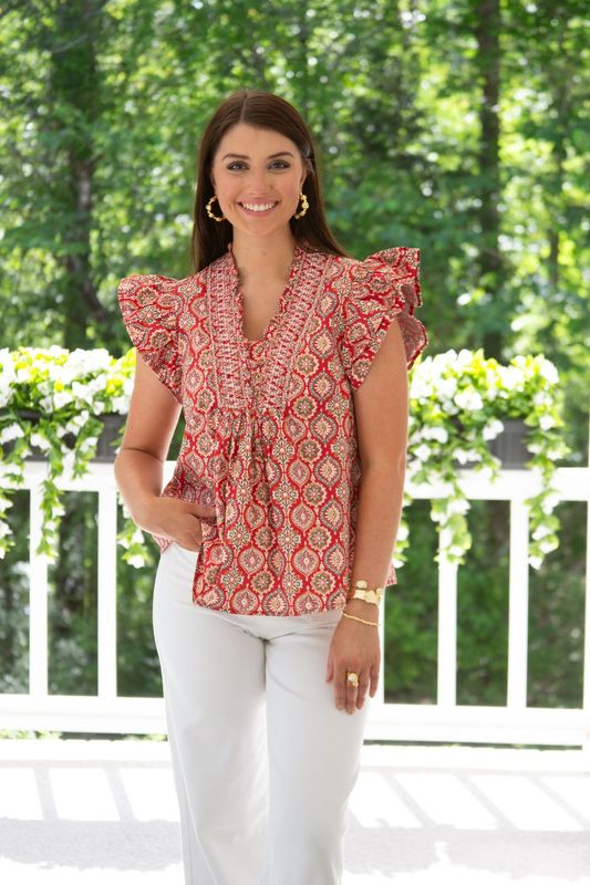 Timeless Chemistry Ruffle Sleeve Smocked Printed Top
