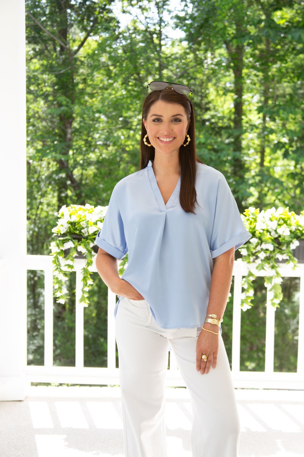 Painted Skies V Neck Placket Cuff Sleeve Top