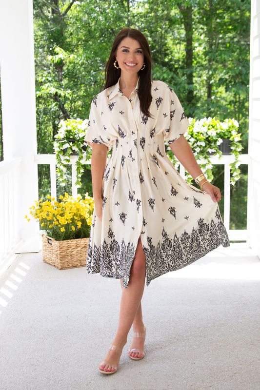 Over the Moon Collar Waist Pleated Border Midi Dress