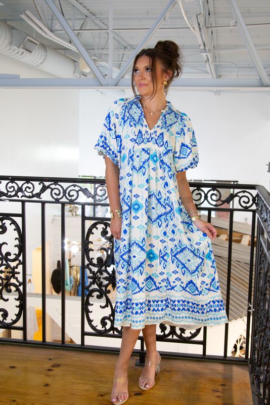 Springing Romance Border Print Smockin Midi Dress