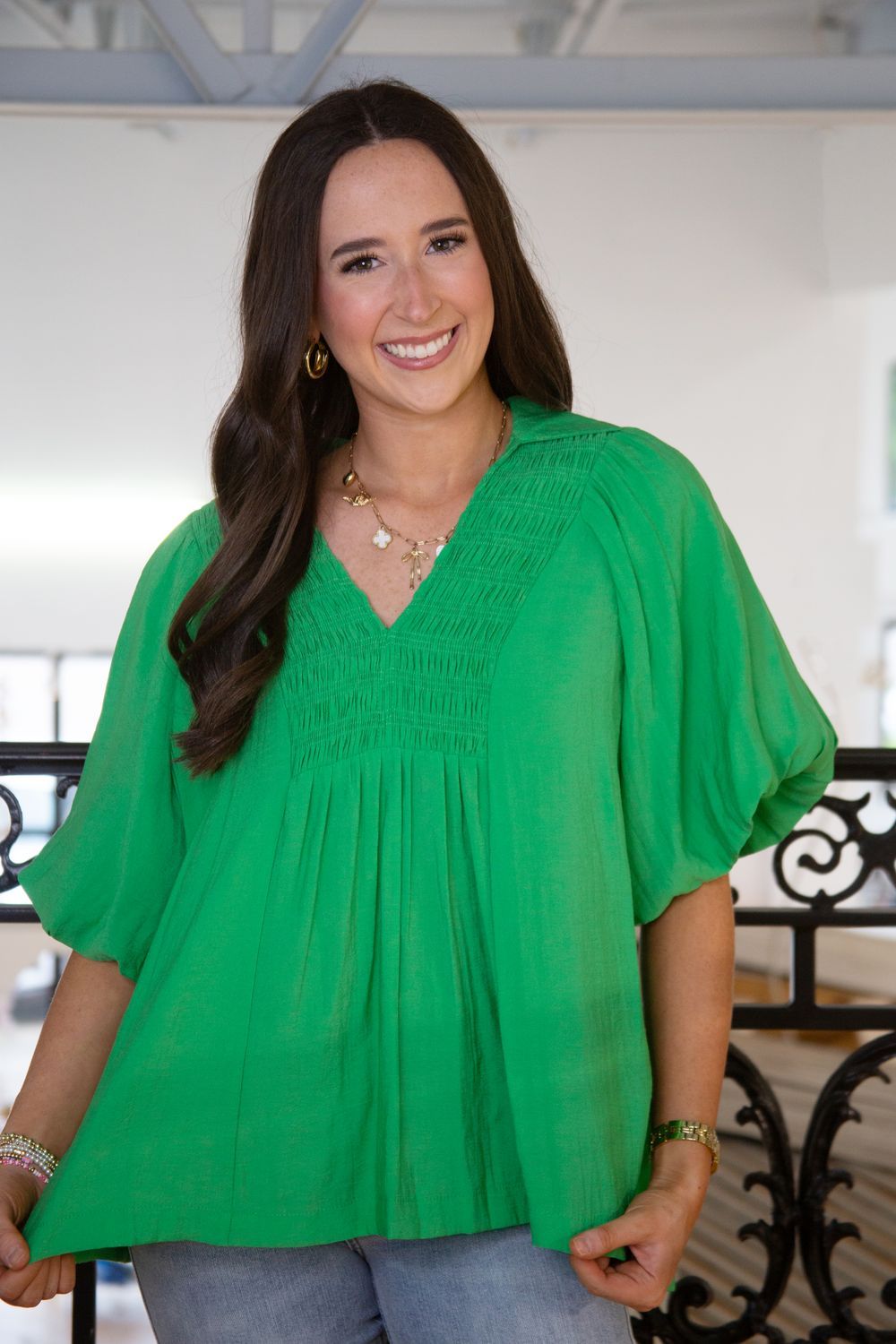 Breezy Charm Bubble Sleeve Smocking Top