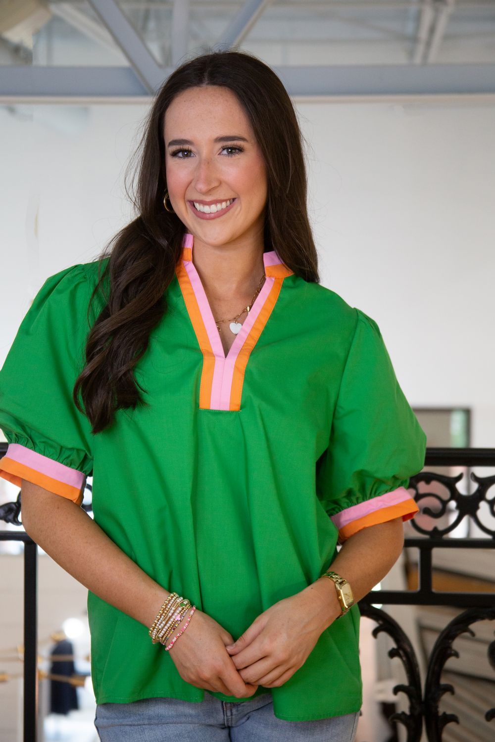 So Clueless Bubble Sleeve Multicolor Band Top