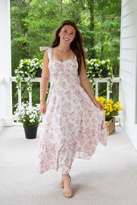 Lovely Day Floral Tie Ruched Maxi Dress