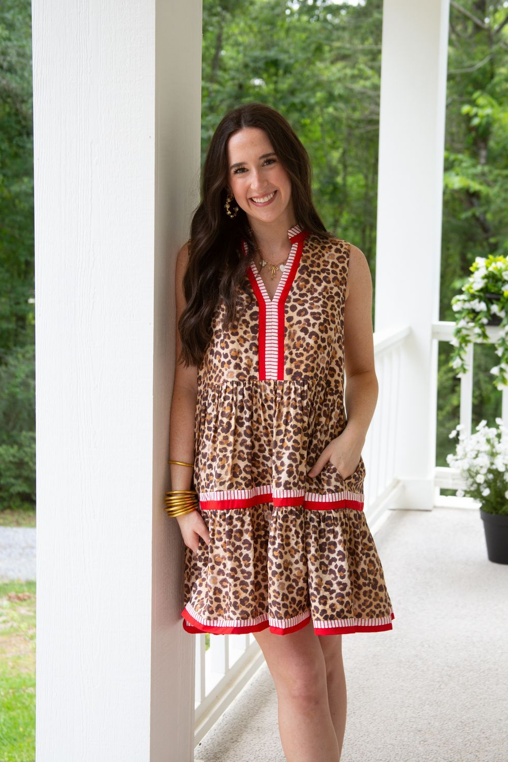 A Sweet Tone Leopard Accent Band Tiered Mini Dress