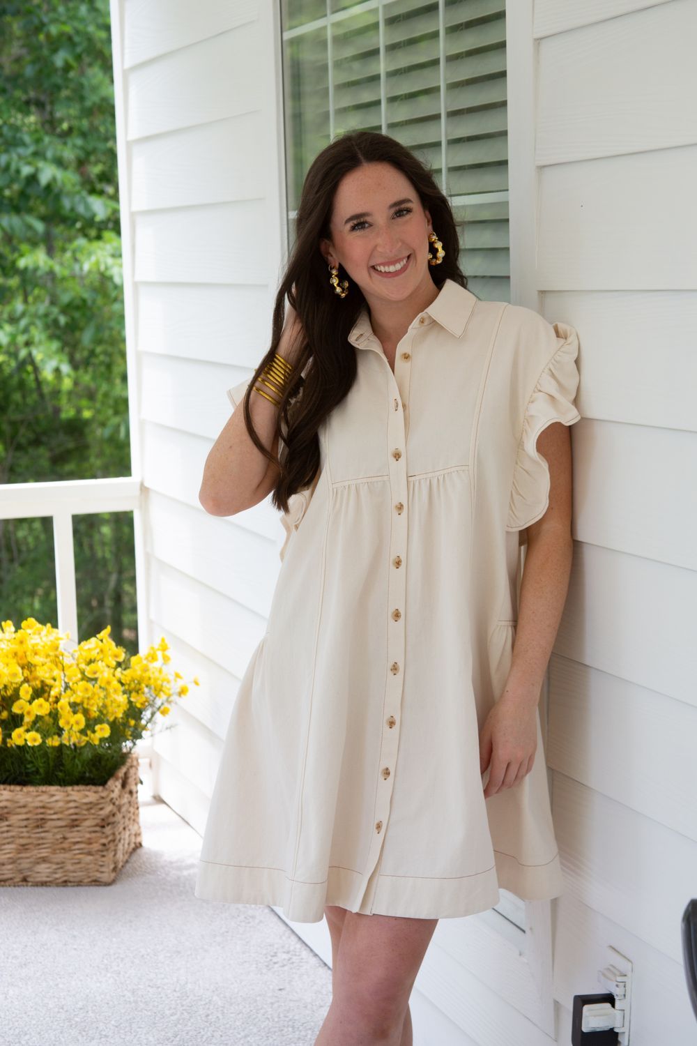 Here with Me Flare Sleeve Button Dress