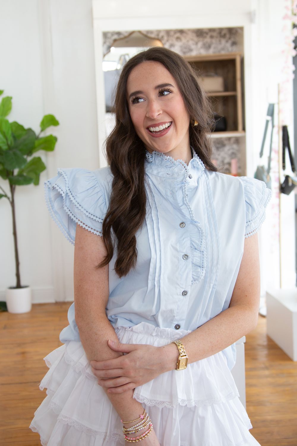 In this Place Ruffle Trim Button Top